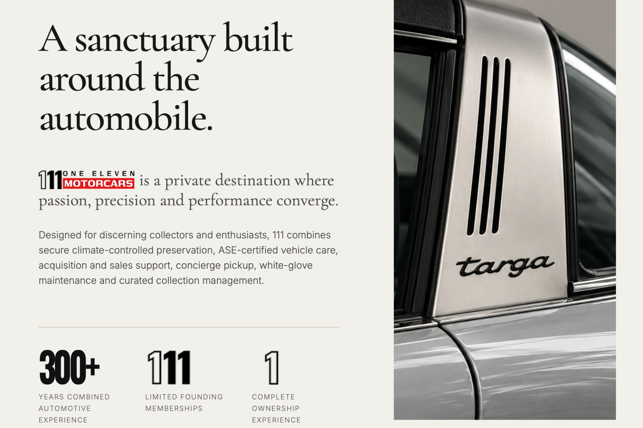 A sanctuary built around the automobile — 111 Motorcars overview and Porsche Targa detail